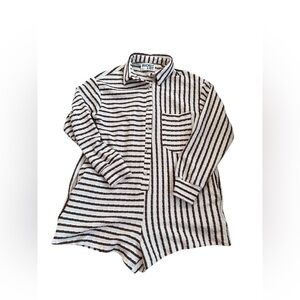 BUCKETLIST Brown and White Striped Collared Long Sleeve Romper Cotton Coastal S